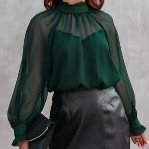 Dark Green Partially Sheer Sweetheart Neckline & Bishop Sleeved Blouse,